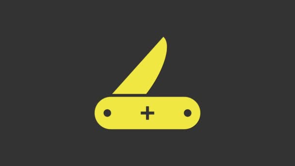 Ícone de faca do exército suíço amarelo isolado no fundo cinza. Multi-ferramenta, canivete polivalente. Ferramenta multifuncional. Animação gráfica em movimento de vídeo 4K — Vídeo de Stock