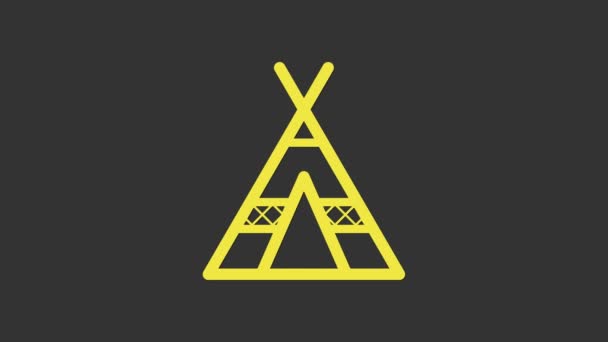 노란 투어 리스트 텐트 아이콘은 회색 배경에 분리되어 있다. 캠핑용 상징. 4K 비디오 모션 그래픽 애니메이션 — 비디오