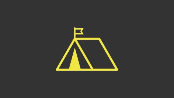 Tienda Turística Amarilla con icono de bandera aislado sobre fondo gris. Símbolo camping. Animación gráfica de vídeo 4K — Vídeos de Stock