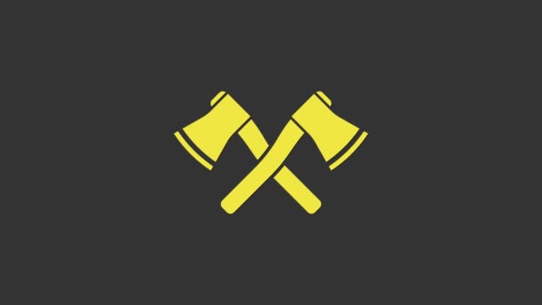 Yellow Crossed wooden axe icon isolated on grey background. Lumberjack axe. 4K Video motion graphic animation — Stock Video