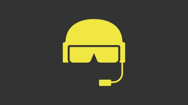 Gele Militaire helm pictogram geïsoleerd op grijze achtergrond. Legerhoed symbool van verdediging en bescherming. Beschermende hoed. 4K Video motion grafische animatie — Stockvideo