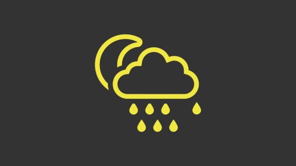 Nuvola gialla con icona della pioggia e della luna isolata su sfondo grigio. Pioggia precipitazioni nuvolose con gocce di pioggia. Animazione grafica 4K Video motion — Video Stock