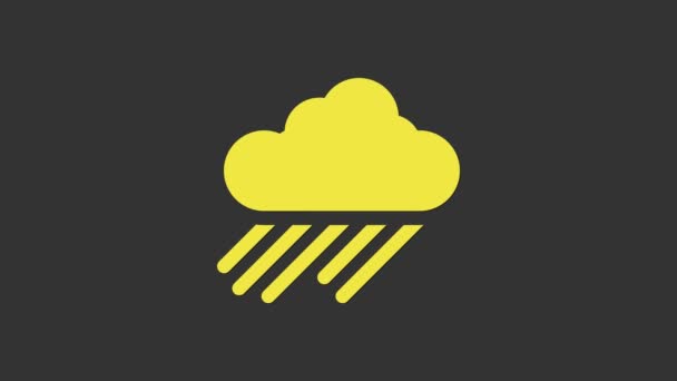 Gult moln med regn ikon isolerad på grå bakgrund. Regn moln nederbörd med regndroppar. 4K Video motion grafisk animation — Stockvideo