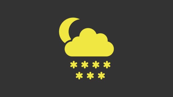 Nuvola gialla con icona di neve e luna isolata su sfondo grigio. Nuvola con fiocchi di neve. Icona del tempo singolo. Segno di neve. Animazione grafica 4K Video motion — Video Stock