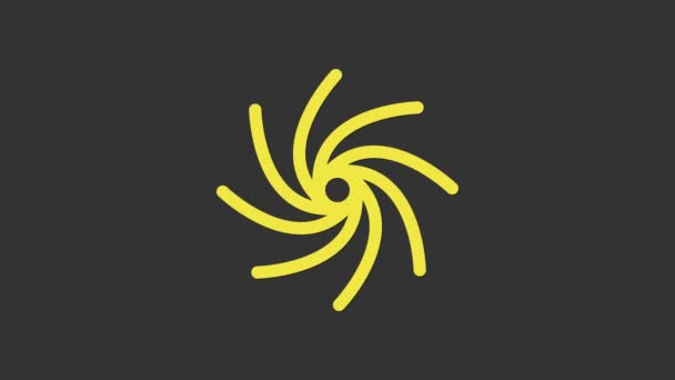 Gelbes Tornado-Symbol isoliert auf grauem Hintergrund. Wirbelsturm, Wirbelsturm, Sturmtrichter, Hurrikan oder Wettersymbol. 4K Video Motion Grafik Animation — Stockvideo