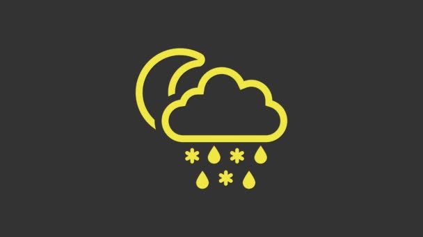 Nube amarilla con nieve, lluvia e icono lunar aislado sobre fondo gris. Icono del clima. Animación gráfica de vídeo 4K — Vídeo de stock