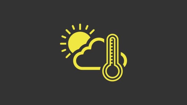 Желтый термометр и облако с изображением солнца изолированы на сером фоне. Видеографическая анимация 4K — стоковое видео