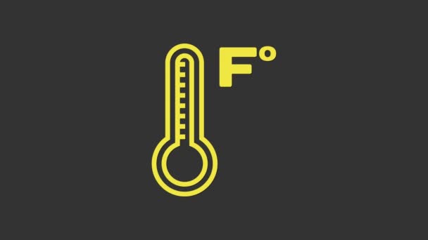 Желтый метеорологический термометр, измеряющий тепло и холодную иконку на сером фоне. Температура по Фаренгейту. Видеографическая анимация 4K — стоковое видео