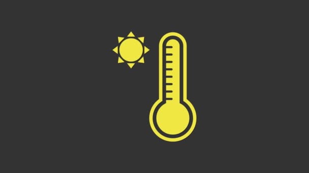 Termómetro de meteorología amarilla que mide el calor y el frío icono aislado sobre fondo gris. Equipo de termómetro que muestra clima caliente o frío. Animación gráfica de vídeo 4K — Vídeos de Stock