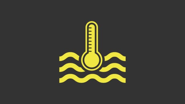 Thermomètre à eau jaune mesurant la chaleur et l'icône froide isolé sur fond gris. Équipement de thermomètre montrant le temps chaud ou froid. Animation graphique de mouvement vidéo 4K — Video