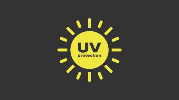 Ícone de proteção UV amarelo isolado no fundo cinza. Radiação de raios ultravioleta. Sinal de sol SPF. Animação gráfica em movimento de vídeo 4K — Vídeo de Stock