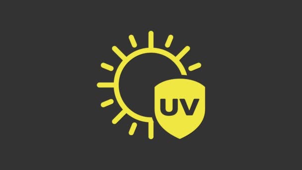Gelbes UV-Schutzsymbol isoliert auf grauem Hintergrund. Sonne und Schild. UV-Strahlung. Sonnenschutzfaktor. 4K Video Motion Grafik Animation — Stockvideo