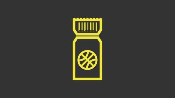 Gelbes Ticket-Symbol für das Basketballspiel isoliert auf grauem Hintergrund. 4K Video Motion Grafik Animation — Stockvideo