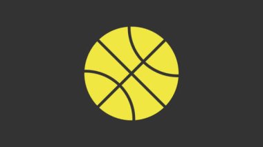Sarı basketbol topu simgesi gri arkaplanda izole edildi. Spor sembolü. 4K Video hareketli grafik canlandırması