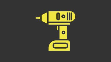 Sarı Elektrik kablosuz tornavida simgesi gri arkaplanda izole edildi. Elektrikli matkap. Tamir aleti. 4K Video hareketli grafik canlandırması