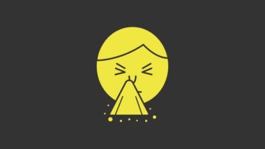 Sarı adam mendil ya da peçeteyi gri arka planda izole edilmiş burun simgesine tutuyordu. Coryza hastalığının belirtileri. 4K Video hareketli grafik canlandırması