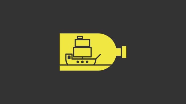 Yellow Glass bottle with ship inside icon isolated on grey background. Miniature model of marine vessel. Hobby and sea theme. 4K Video motion graphic animation — Stock Video