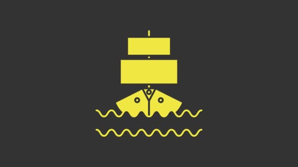 グレーの背景に黄色の船のアイコンが隔離されました。4Kビデオモーショングラフィックアニメーション — ストック動画