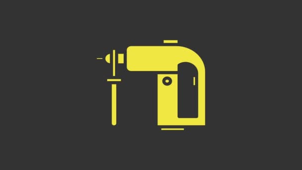 Sárga Elektromos forgó kalapácsos fúrógép ikon elszigetelt szürke alapon. Szerszám építési, kivitelezési, javítási munkákhoz. 4K Videó mozgás grafikus animáció — Stock videók