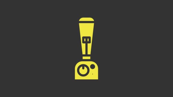 Icono de licuadora amarilla aislado sobre fondo gris. Cocina eléctrica licuadora estacionaria con tazón. Cocinar batidos, cócteles o jugos. Animación gráfica de vídeo 4K — Vídeo de stock