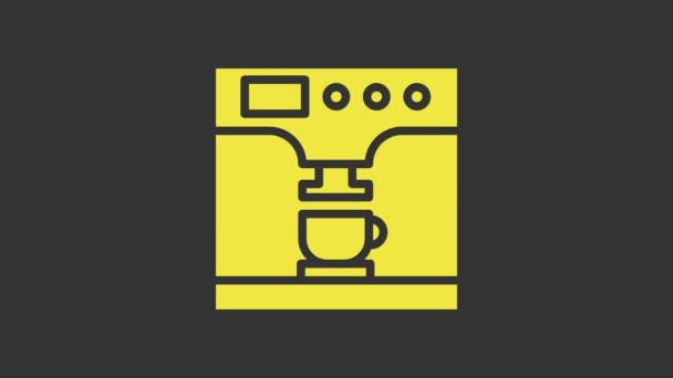 Gelbe Kaffeemaschine und Kaffeetassen-Symbol isoliert auf grauem Hintergrund. 4K Video Motion Grafik Animation — Stockvideo