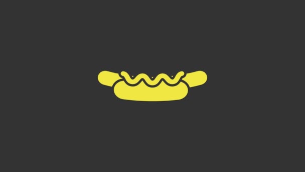 Sandwich Hotdog amarillo con icono de mostaza aislado sobre fondo gris. Icono de salchicha. Menú de comida rápida. Animación gráfica de vídeo 4K — Vídeo de stock