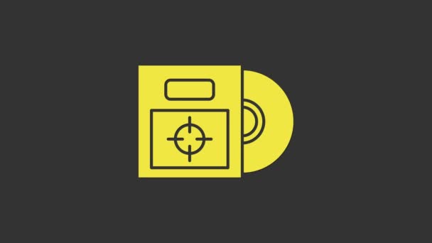 Disco amarillo CD o DVD en caja icono aislado sobre fondo gris. Signo de disco compacto. Animación gráfica de vídeo 4K — Vídeo de stock