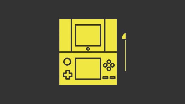 Icono de consola de videojuegos Yellow Portable aislado sobre fondo gris. Señal de mando. Concepto de juego. Animación gráfica de vídeo 4K — Vídeo de stock