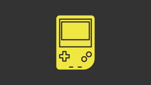 Ícone de console de videogame portátil amarelo isolado em fundo cinza. Sinal do Gamepad. Conceito de jogo. Animação gráfica em movimento de vídeo 4K — Vídeo de Stock