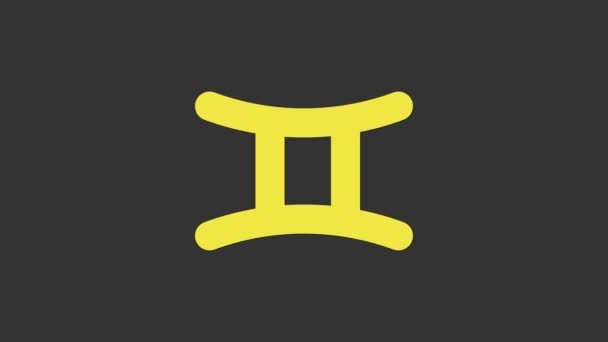 Gelbe Zwillinge Tierkreiszeichen Symbol isoliert auf grauem Hintergrund. Astrologische Horoskopsammlung. 4K Video Motion Grafik Animation