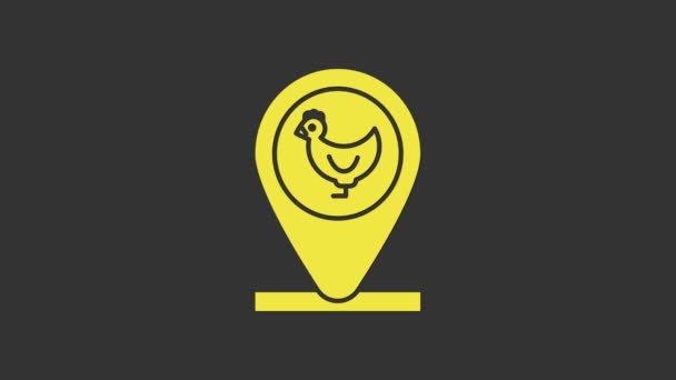Poulailler jaune et icône de localisation isolée sur fond gris. Animation graphique de mouvement vidéo 4K — Video