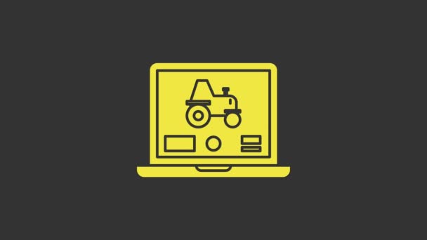 Gul laptop ansökan för att styra en autonom traktor på en smart gård ikon isolerad på grå bakgrund. Ett smart jordbruk. 4K Video motion grafisk animation — Stockvideo