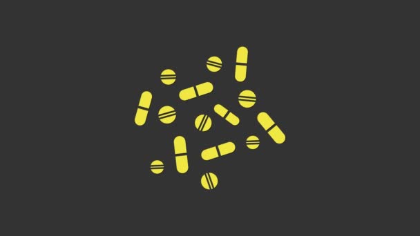 Pílula de medicina amarela ou tablet ícone isolado em fundo cinza. Comprimido de cápsula e sinal de droga. Design de farmácia. Animação gráfica em movimento de vídeo 4K — Vídeo de Stock