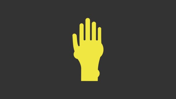 노란 손과 건선 또는 습진 아이콘은 회색 배경에 분리되어 있다. 알레르겐이나 만성적 인 신체 문제에 대한 인간 피부 반응의 개념. 4K 비디오 모션 그래픽 애니메이션 — 비디오