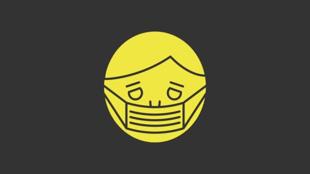 Žlutý muž tvář v ikoně lékařské ochranné masky izolované na šedém pozadí. Karanténa. Grafická animace pohybu videa 4K — Stock video