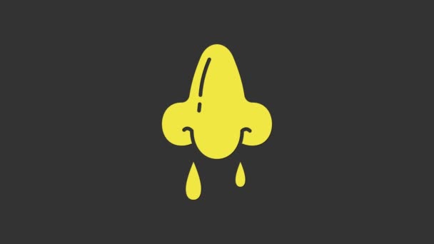 Ikona žlutého tekoucího nosu izolovaná na šedém pozadí. Příznaky rýmy, léčba. Nos a kýchání. Onemocnění nosu. Grafická animace pohybu videa 4K — Stock video