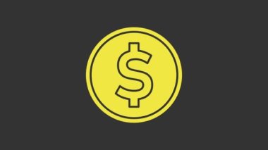 Gri arkaplanda dolar sembolü olan sarı sikke parası. Bankacılık işareti. Para sembolü. 4K Video hareketli grafik canlandırması