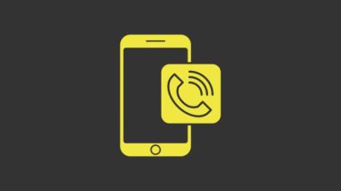 Sarı cep telefonu arama simgesi gri arkaplanda izole edildi. 4K Video hareketli grafik canlandırması