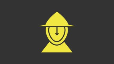 Sarı Ortaçağ demir miğferi, gri arka planda izole edilmiş kafa koruma ikonu. 4K Video hareketli grafik canlandırması