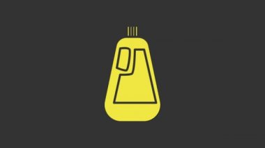 Sıvı çamaşır deterjanı için sarı plastik şişe, çamaşır suyu, bulaşık deterjanı, gri arka planda izole edilmiş sıvı ikon. 4K Video hareketli grafik canlandırması