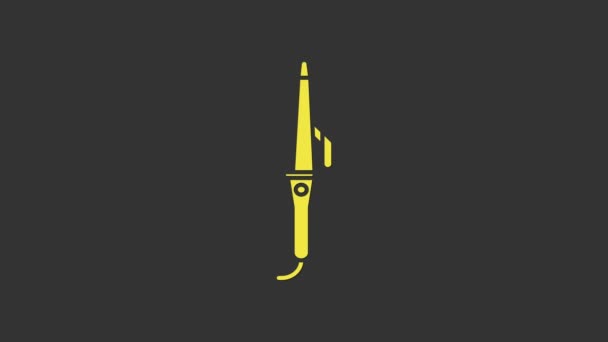 Kuning Curling besi untuk ikon rambut terisolasi pada latar belakang abu-abu. Ikon garis lurus rambut. Animasi grafis gerak Video 4K — Stok Video