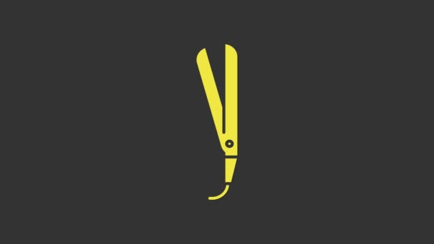 グレーの背景に隔離された髪のアイコンのための黄色のカーリング鉄。髪をまっすぐにアイコン。4Kビデオモーショングラフィックアニメーション — ストック動画
