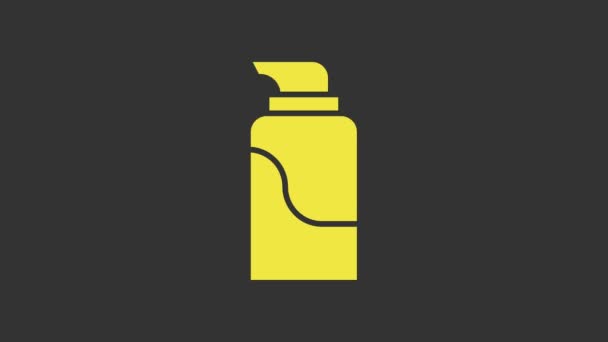 Icono de tubo cosmético de crema amarilla o loción aislado sobre fondo gris. Productos para el cuidado del cuerpo para hombres. Animación gráfica de vídeo 4K — Vídeos de Stock