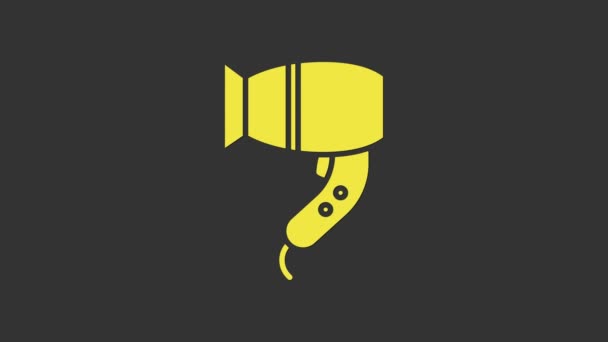 Žluté Vysoušeč vlasů ikona izolované na šedém pozadí. Vysoušeč. Symbol sušení vlasů. Fouká horký vzduch. Grafická animace pohybu videa 4K — Stock video