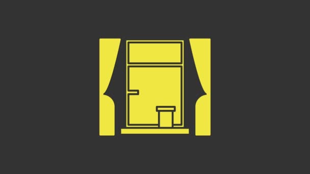 グレーの背景に隔離された部屋のアイコンのカーテン付きの黄色の窓。4Kビデオモーショングラフィックアニメーション — ストック動画