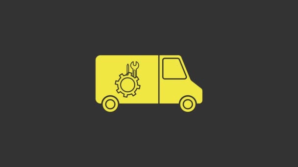 Icono de servicio de coche amarillo aislado sobre fondo gris. Servicio de reparación mecánico de automóviles. Signo de mantenimiento. Animación gráfica de vídeo 4K — Vídeos de Stock