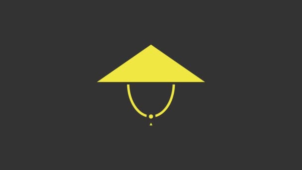 Icono de sombrero cónico asiático amarillo aislado sobre fondo gris. Sombrero de paja cónico chino. Animación gráfica de vídeo 4K — Vídeo de stock