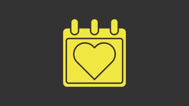 ปฏิทินสีเหลืองที่มีไอคอนหัวใจแยกจากพื้นหลังสีเทา วันวาเลนไทน์ สัญลักษณ์แห่งความรัก 14 กุมภาพันธ์ 4K แอนิเมชั่นภาพเคลื่อนไหววิดีโอ — วีดีโอสต็อก