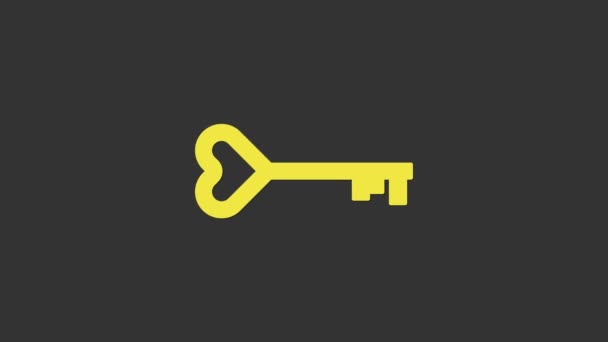 Żółty klucz w kształcie serca ikona izolowana na szarym tle. Symbolem Walentynek. 4K Animacja graficzna ruchu wideo — Wideo stockowe