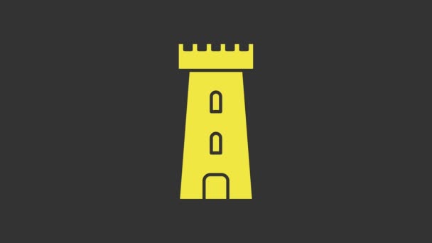 灰色の背景に隔離された黄色の城の塔のアイコン。要塞の標識だ。4Kビデオモーショングラフィックアニメーション — ストック動画